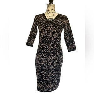 SIONI V-Neck Pencil Bodycon Dress Size S Taupe & Black 3/4 Sleeve Abstract Print